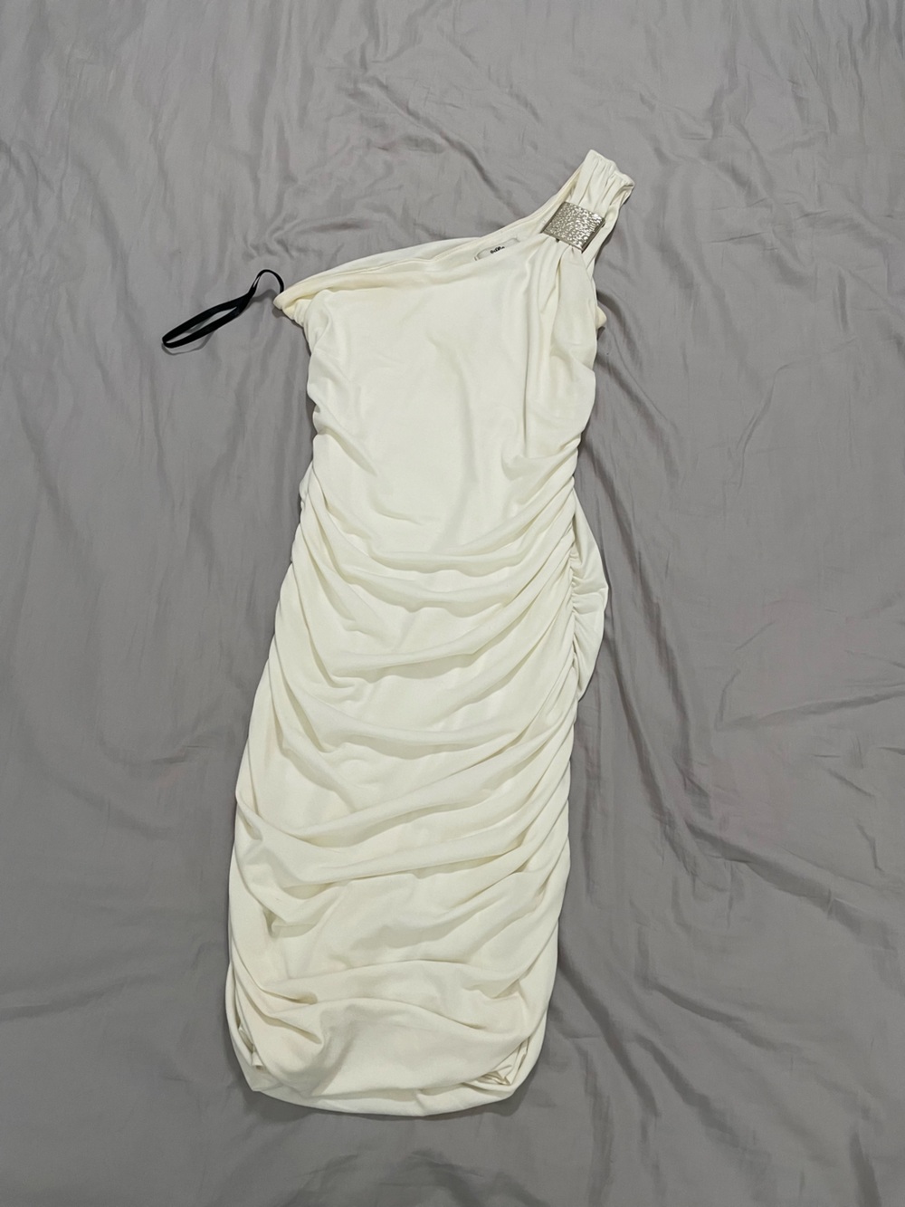 3/$20 One-Shoulder Cream Ruched Dress with hammered silver metal shoulder